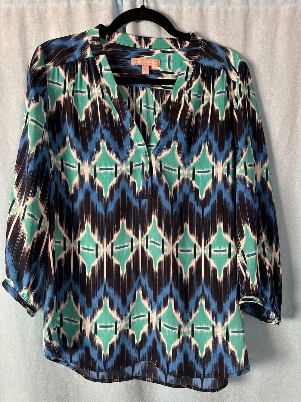 Banana Republic Teal, Blue & Black Patterned Blouse